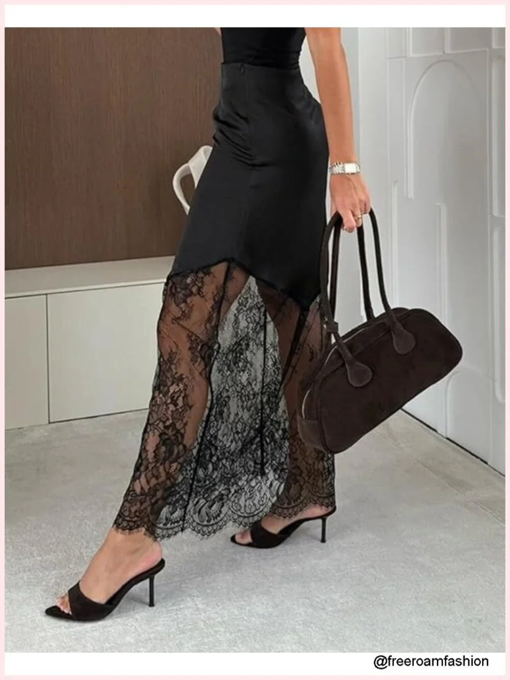 Satin Lace Patchwork High Waist A-Line Maxi Skirt Y2K Flowy Wrap